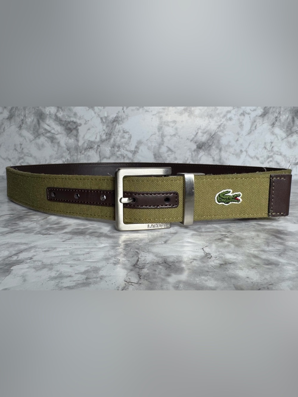 Lacoste Reversible Belt Green Canvas Brown Leather Size 34 Crocodile Logo Preppy